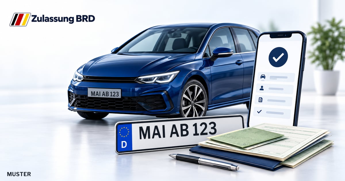 Online Fahrzeugzulassung in Mainburg: Musterkennzeichen MAI AB 123, Auto und Fahrzeugpapiere und Smartphone. Illustration mit Logo von Zulassung BRD.